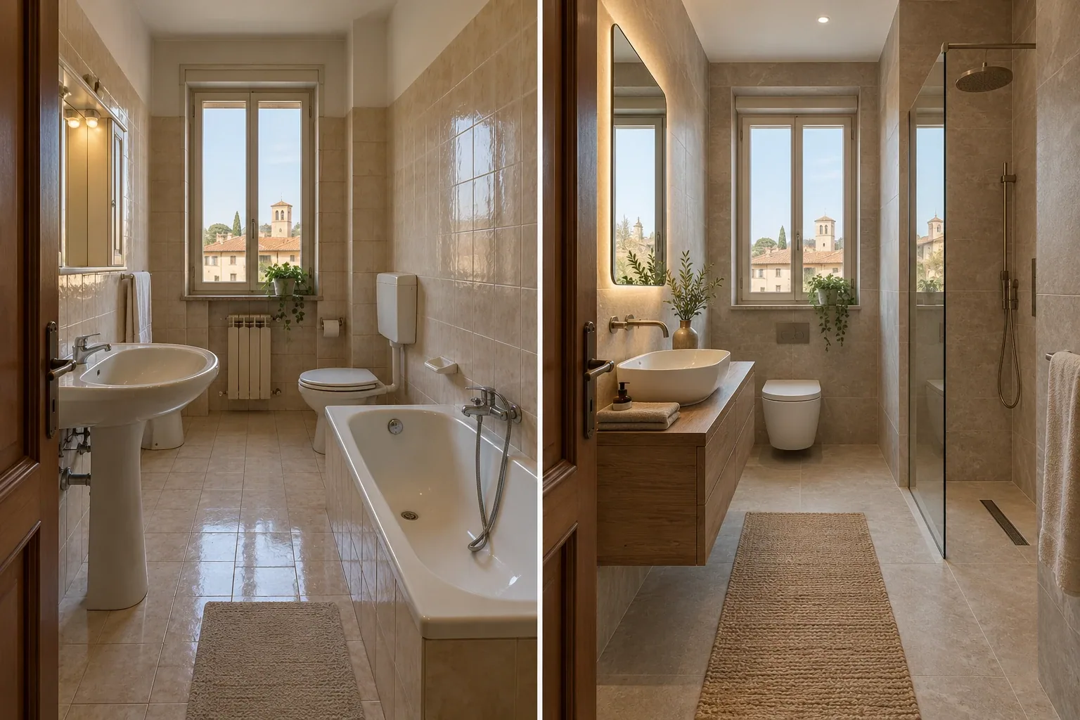 Confronto illustrativo prima e dopo la ristrutturazione di un bagno