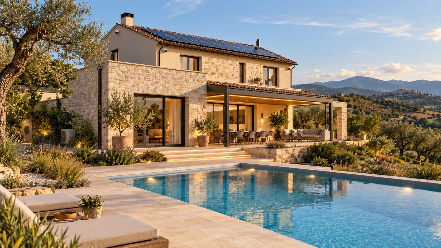 Esempio illustrativo di casa con fotovoltaico, pompa di calore, videosorveglianza, ricarica auto e piscina illuminata