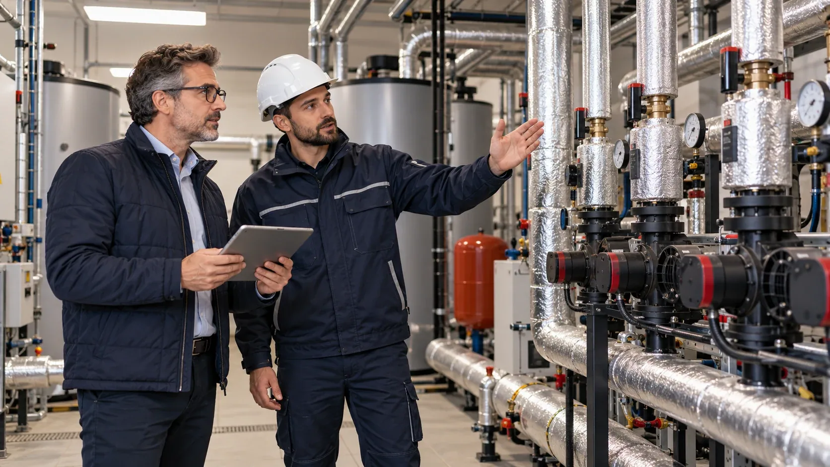 Tecnico e responsabile verificano una centrale termica condominiale