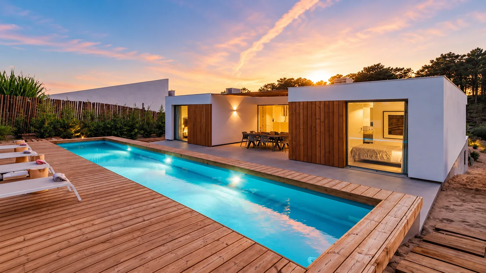 Piscina contemporanea in un giardino residenziale, immagine illustrativa